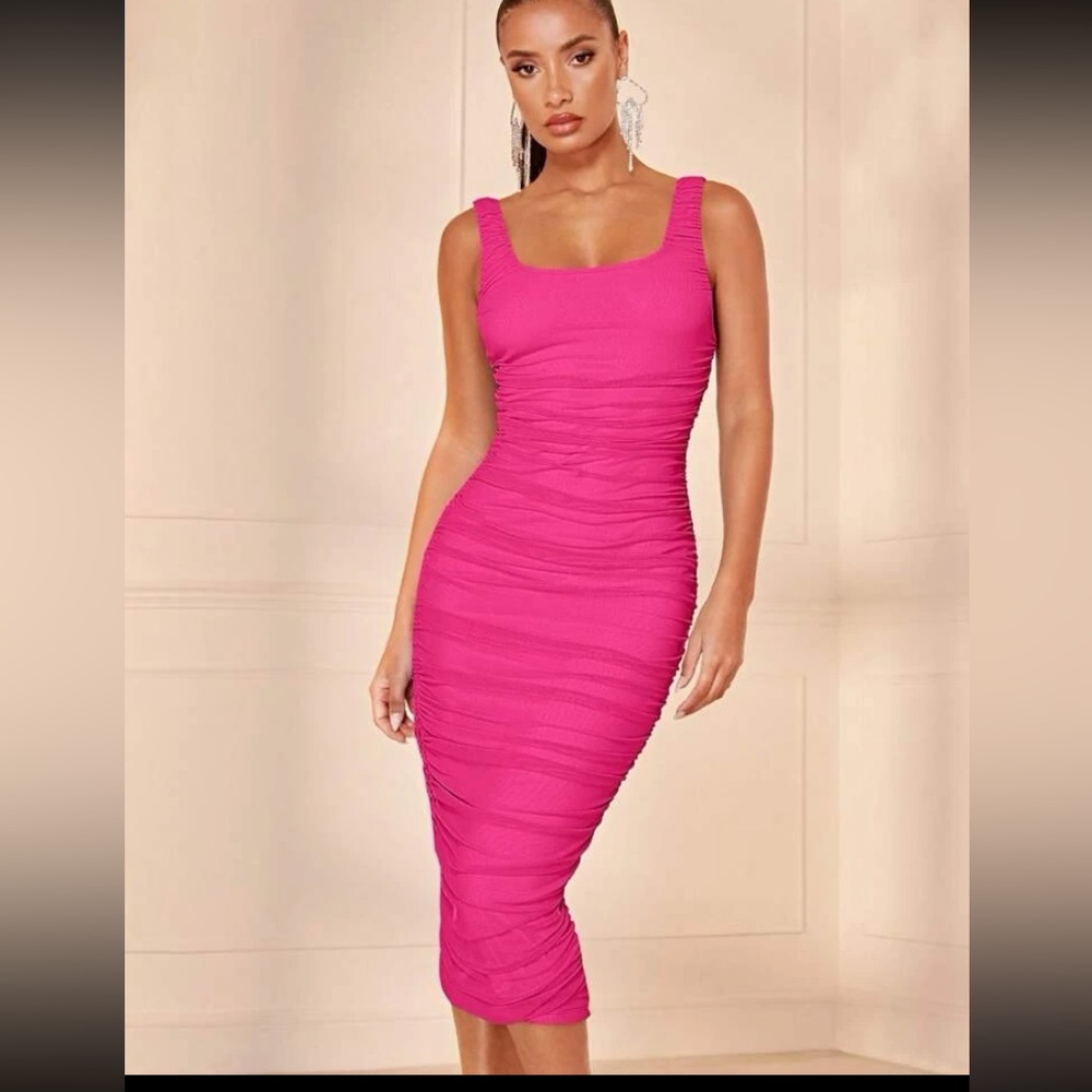 Barbie pink ruched midi dress